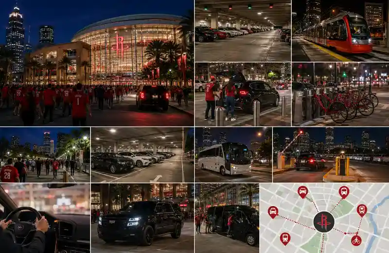 Toyota Center transportation and parking scene in downtown Houston featuring parking garages, rideshare pickup zones, METRORail access, luxury black car service vehicles, pedestrian walkways, and fans arriving for an evening basketball game near the illuminated arena.